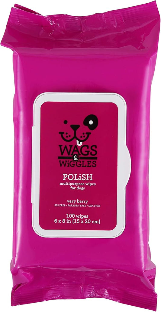 Wags & Wiggles Polish Multipurpose Wipes for Dogs Clean & Condition Your Dog's Coat Without A Bath Fresh Very Berry Scent Your Dog Will Love, FF12824PCS12 (Pack of 12, 1200 Count Total)
