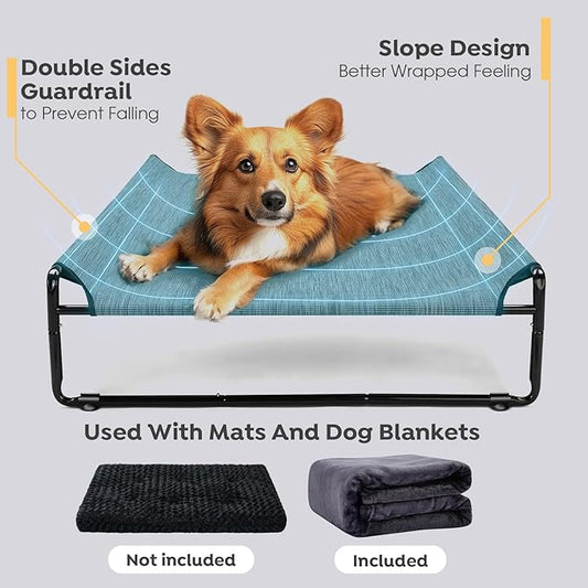 Veehoo Large Elevated Dog Bed with Flannel Dog Blanket, Outdoor Guardrail Raised Pet Cot for Extra Large Dogs, Anti-Slip Camping Dog Hammock Bed, Breathable Teslin Mesh Fabric, XXL, CWC2201B