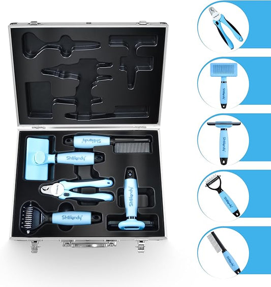 SHELANDY Groomer Partner Pet Grooming Kit, 5-Piece Set with Aluminum Case, Includes Slicker Brush, Undercoat Rake, DeShedding Tool, Flea Comb, Nail Clipper