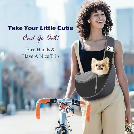 Pawaboo Pet Dog Sling Carrier, Hand Free Drawstring Dog Papoose with Adjustable Strap, Breathable Mesh Bag for Puppy Cat, Crossbody Satchel Dog Purse with Pocket for Outdoor, Dark Gray+Black, Medium