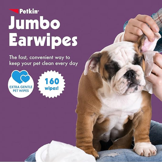 Petkin Jumbo Pet Ear Wipes, 80 Extra Moist Wipes, 2 Pack -Soothing & Deodorizing Pet Ear Cleaner to Remove Dirt, Odor, & Wax-Safe, Convenient, & Easy to Use Pet Wipes for Dogs, Cats, Puppies & Kittens