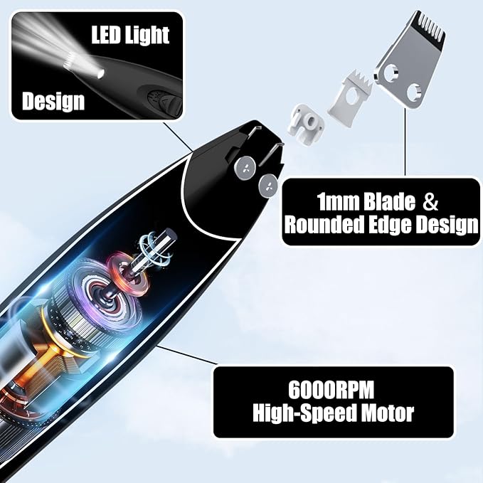 KIKETECH LED Dog Paw Trimmer - Cordless, Low Noise Dog Clippers for Grooming, Rechargeable Small Area Shaver for Cats, CoalBlack