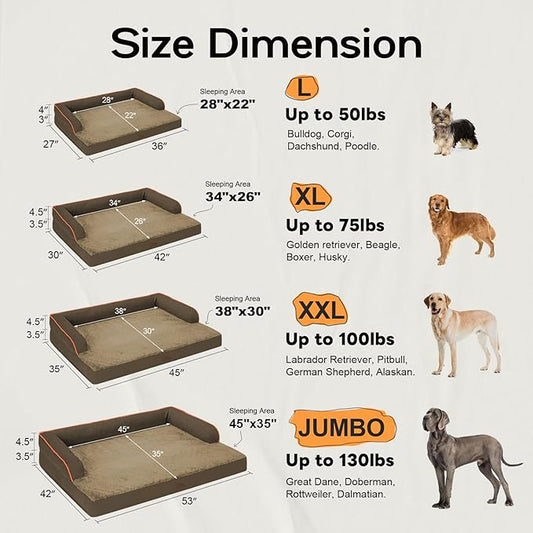 Large Dog Bed Orthopedic Washable - Waterproof with Removable Cover - Memory Foam - XXL Large Big Dogs - Beds Bolster Pet - Couch Sofa - Brown Dog Bed