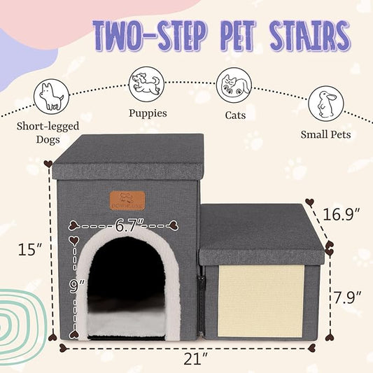 downluxe Dog Stairs for Small Dogs, Foldable Dog Steps for Bed, Sofa and Chair, Non-Slip Pet Steps with Cat Scratcher and Condo (2-Step Pet Stairs, Dark Grey)
