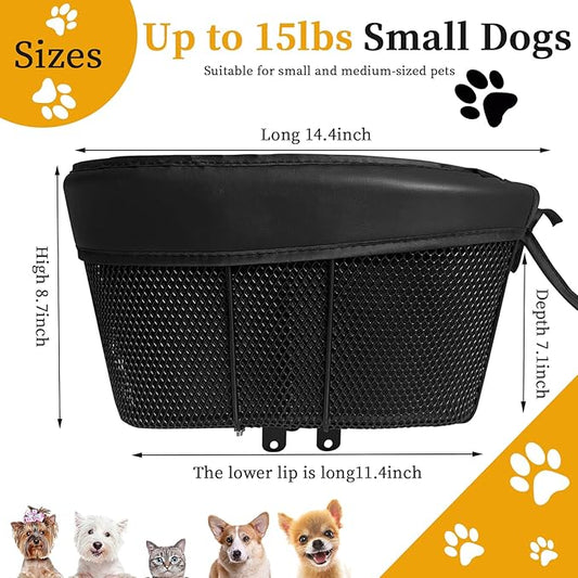 Dog Bike Basket, Adjustable Safety Strap Pet Bike Basket, Bike Dog Basket with Black Liner,for Up to 15lbs Small Dogs Cats Pets(Black)