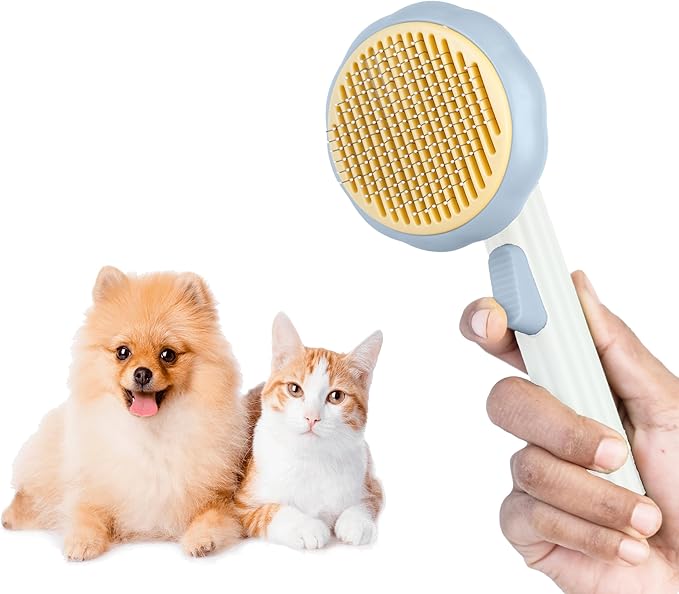 Self Cleaning Slicker Brush, Dog Cat Bunny Pet Grooming Shedding Brush - Easy to Remove Loose Undercoat, Pet Massaging Tool Suitable for Pets with Long or Short Hair (Grey & White)