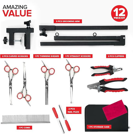 Modern Innovations Dog Grooming Arm, 12-Piece Dog Grooming Table Arm with Clamp & Tool Kit, Harness +Accessories for Small/Medium Dogs, Shears, Curved & Straight Haircut Scissors, Nail Clippers, Comb