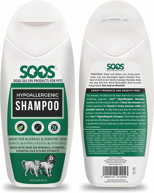 Soos Pet Shampoo Hypoaller-genic Cat and Dog Shampoo Natural Dead Sea Minerals Fast Absorbing Soothes Skin Irritation with Vitamins Essential Oils - 1 Pack (250ml)