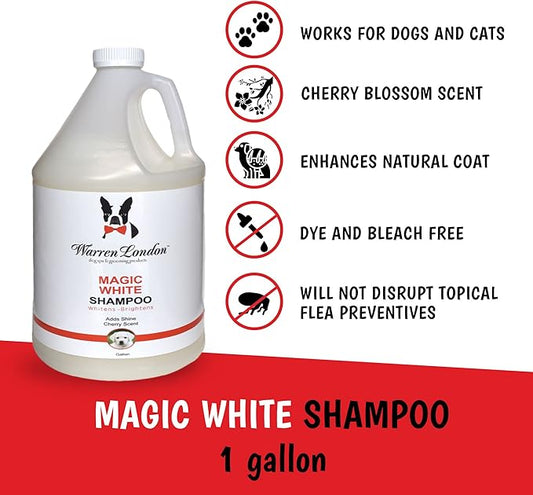 Warren London - Magic Bright Dog Shampoo, Whitening Shampoo for White Dogs & Lighter Dog Coats, Grooming Supplies are Puppy and Cat Safe, Cherry Blossom Scent, 128 Ounce, Made in USA