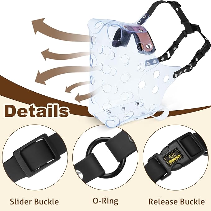 Mayerzon Dog Muzzle, Basket Muzzle for Large Medium Small Dogs, Humane Cage Mouth Guard to Prevent Biting Chewing Eating, Breathable Muzzle for Grooming Training Walking Vet Visits (M, Clear)