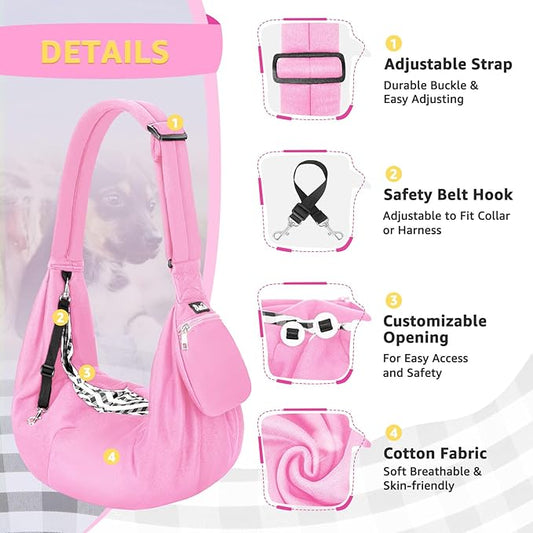 Lukovee Pet Sling, Hand Free Dog Sling Carrier Adjustable Padded Strap Tote Bag, Shoulder Bag with Safety Belt & Front Pocket for Small Dog Cat Puppy (Pink-WY,L)