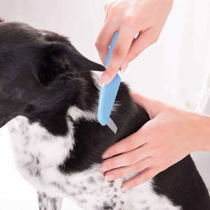 Flea Comb For Dogs & Cats Pet Comb Grooming Set 5 Pieces Metal Teeth Durable Remove Tear Stain Float Hair Combing tangled hair Dandruff Add Storage Pouch (Blue)