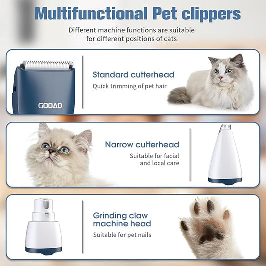 Goood Cat Clippers for Matted & Long Hair - Quiet, Cordless Grooming Kit with Paw Trimmer & Nail Grinder for Cats & Small Pets (Blue)