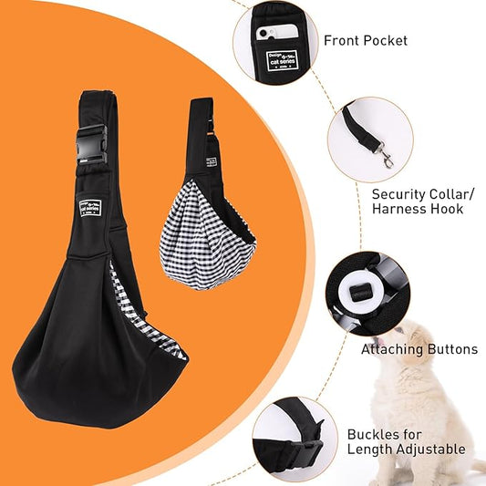 Small Dog Sling Carrier Black, Hand Free Pet Carrier, Adjustable Dog Sling for Outdoor Travel