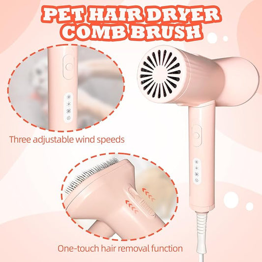 2-in-1 Pet Grooming Dryer and Brush - Overheating Protection, 3 Blowing Modes, Low Noise - Ideal for Small and Medium Dogs/Cats - Slim Handle (PINK)