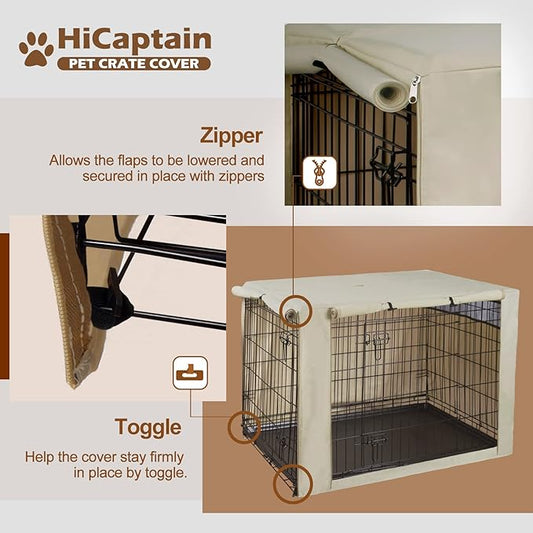 HiCaptain Polyester 24in Dog Crate Cover - Durable Windproof Pet Kennel Cover for Wire Crate Indoor Outdoor Protection (24 inches, Light Tan)