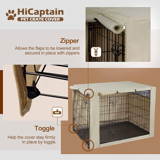 HiCaptain Polyester Dog Crate Cover - Durable Windproof Pet Kennel Cover for Wire Crate Indoor Outdoor Protection (48 inches, Light Tan)