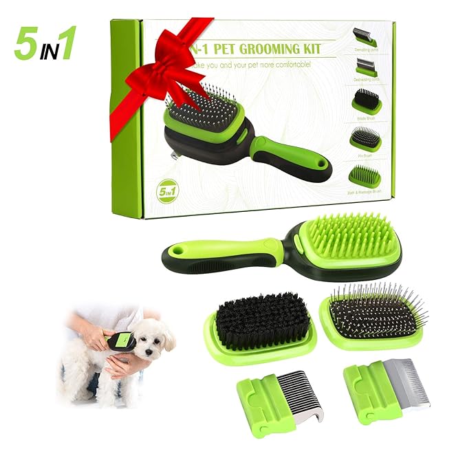 Ownpets 5 in 1 Pet Brush Set, Pet Grooming Shedding Massage Combs for Long Short Hair Dogs & Cats, Removes Undercoat, Dander, Dirt & Improves Circulation