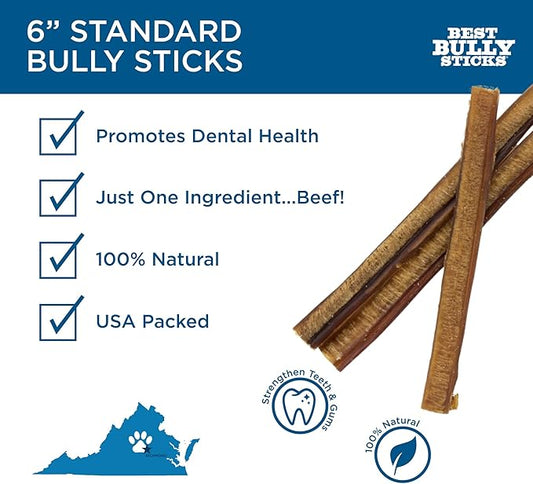 Best Bully Sticks 6 Inch All-Natural Bully Sticks for Dogs - 6” Easily Digestible, 100% Grass-Fed Beef, Grain and Rawhide Free | 50 Pack
