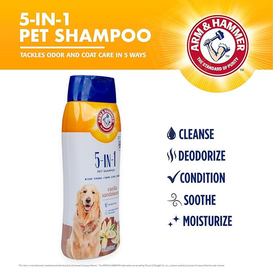 Arm & Hammer for Pets 5-in-1 Pet Shampoo with Conditioner, Vanilla Sandalwood Scent - Deodorizing, Skin Soothing, and Moisturizing Ingredients, Dog Oatmeal Shampoo with Aloe and Shea Butter, 20 Fl Oz