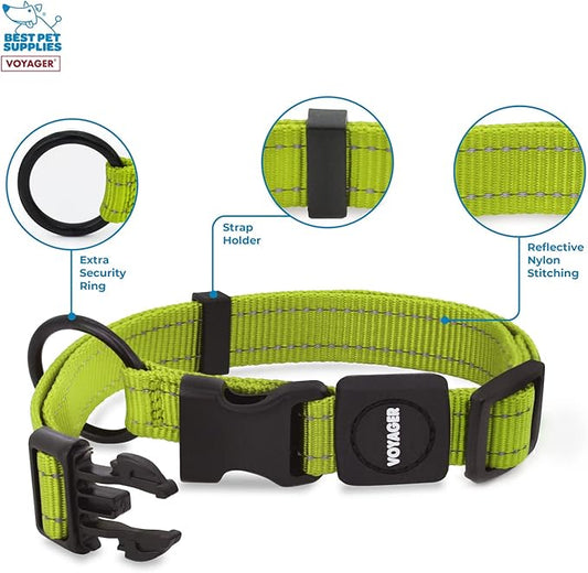 Best Pet Supplies Reflective Dog Collar with Adjustable Length, Heavy-Duty Buckle, and Strong Leash D-Ring, Training, Walking, Jogging Accessory for Small, Medium, and Large Breeds - Lime Green, L