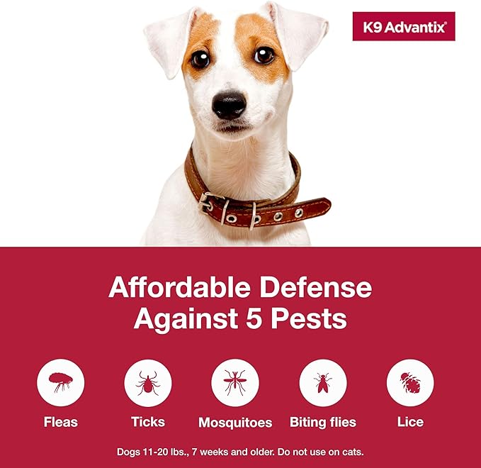 K9 Advantix Flea, Tick & Mosquito Prevention for Dogs 11-20 lbs. | Flea Drops for Medium Dogs | Apply Monthly | 2 Treatments