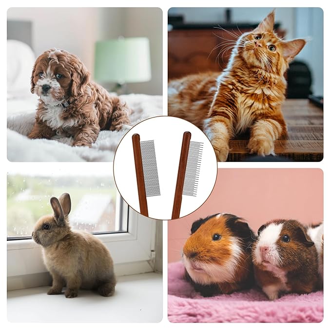 2pcs Grooming Comb for Pets, Solid Wood Cat Combs with Narrow Rounded-Tip Steel Teeth Pet Hair Comb Metal Flea Lice Comb for Cats Dogs Small & Medium Pets Tangled Hair