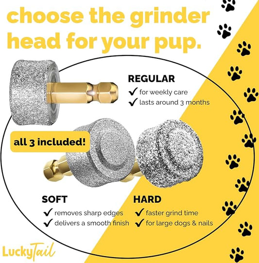 LuckyTail - Dog Nail Grinder - Regular, Hard & Soft Replacement Head - Small & Large Dogs - Premium Quality - Diamond Tip Drill Bit - Professional Dog Nail Trimmers - Grooming Kit - 3 Pack