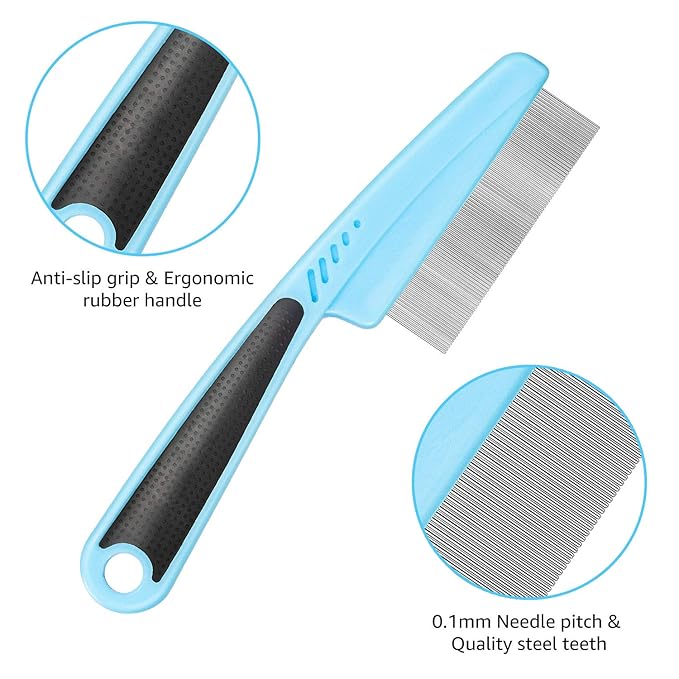 Flea Comb For Dogs & Cats Pet Comb Grooming Set 5 Pieces Metal Teeth Durable Remove Tear Stain Float Hair Combing tangled hair Dandruff Add Storage Pouch (Blue)