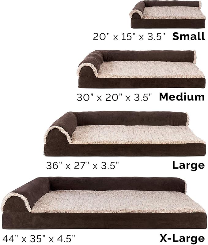 Furhaven Orthopedic Dog Bed for Medium/Small Dogs w/ Removable Bolsters & Washable Cover, For Dogs Up to 35 lbs - Two-Tone Plush Faux Fur & Suede L Shaped Chaise - Espresso, Medium,30"L x 20"W x 6"Th
