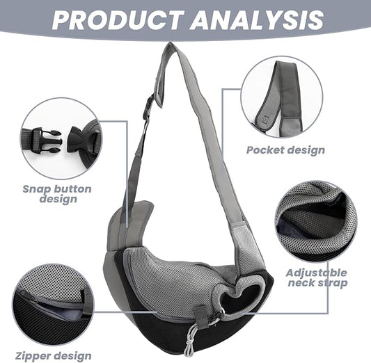 Small Dog Sling Carrier, Mesh Adjustable Pet Sling Carrier Zipper Pocket Breathable Hand Free for Small Medium Dogs Cats Outdoor Travel (up to 5 pounds)