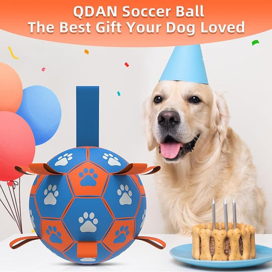 QDAN Dog Ropes Toys Soccer Ball with Straps, Interactive Dog Toys for Tug of War, Puppy Birthday Gifts, Dog Tug Toy, Dog Water Toy, Durable Dog Balls for Medium & Large Dogs- Blue&Orange(8 Inch)