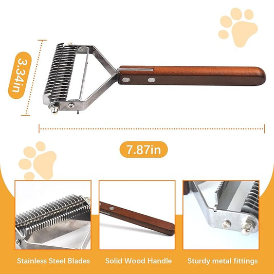 Dematting Comb for Dogs,Undercoat Rake for Dogs Cats 2-in-1 Stainless Steel Shedding Brush with Antislip Wooden Handle Pet Grooming Brush Effective for Cat Tangles Hair