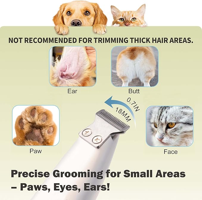 Dog Grooming Kit with LED Light, 18mm Blade Cat Clippers for Grooming, 35dB Low Noise Pet Paw Trimmer, Precision Clippers for Paws, Ears, Face, and Rump, USB Rechargeable, Waterproof IPX4