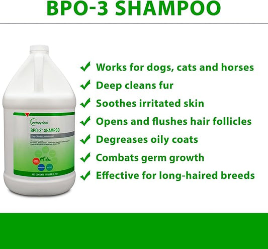 Vetoquinol BPO-3 Shampoo for Dogs, Cats & Horses (3% Benzoyl Peroxide) – 128oz – Deep Cleaning, Medicated Shampoo Opens & Flushes Hair Follicles – Degreases Oily Coats – Soothes Red, Flaky, Itchy Skin
