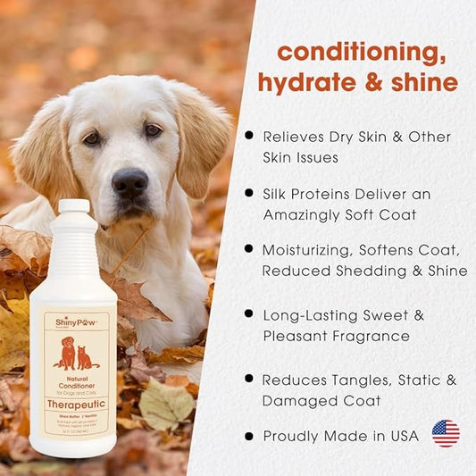 Dog Conditioner for Allergies and Itching | Shiny Paw 32 oz Shea Butter & Vanilla Conditioner for Dogs & Cats | Dog Matted Hair Detangler | Made in The USA