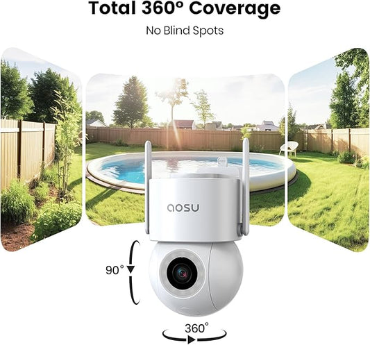 AOSU 3K Wired Security Camera Outdoor - Smart 24/7 Recording WiFi Camera for Home Security w/Sound Light Alerts, 360° View, Auto-Tracking, Camara de Seguridad para Casa (2.4Ghz WiFi Only)
