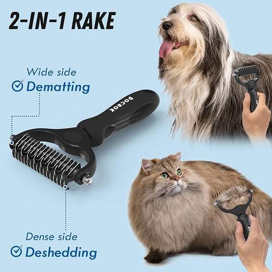 Pet Grooming Combo: Undercoat Rake, Dematting Deshedding Brush for Long-Haired Dogs and Cats, Black