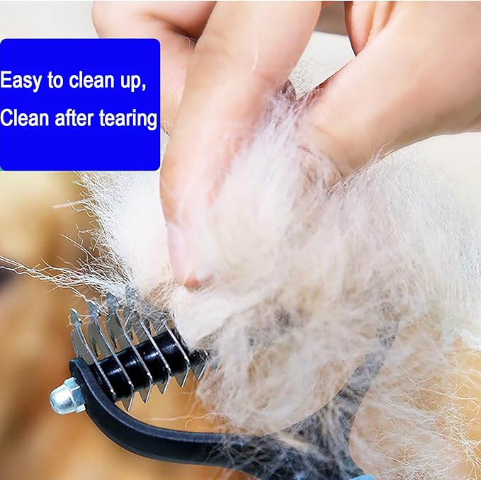 Double-Sided Pet Grooming Rake Comb for Dogs and Cats - Undercoat Dematting Tool with Flea Comb Set (Blue/11 tooth)