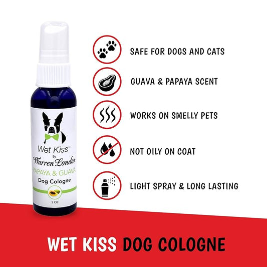Warren London - Wet Kiss Dog Cologne, Long Lasting Dog Spray, Dog Deodorant to Remove Odor from Stinky Dogs, Papaya & Guava, 2 Ounce Bottle
