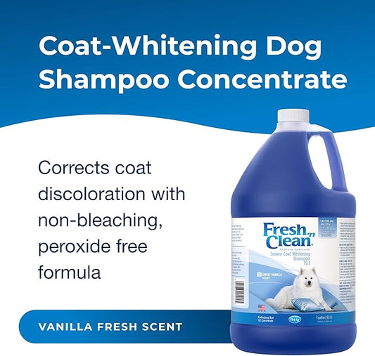 PetAg Fresh ’n Clean Whitening Snowy-Coat Shampoo, Vanilla Scent (15:1 Concentrate) - 1 Gallon - Bleach-Free Formula to Correct Yellow Discoloration - Strengthens & Moisturizes Coats - Soap Free