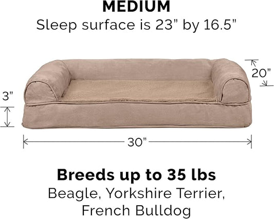Furhaven Orthopedic Dog Bed for Medium/Small Dogs w/ Removable Bolsters & Washable Cover, For Dogs Up to 35 lbs - Plush & Suede Sofa - Almondine, Medium