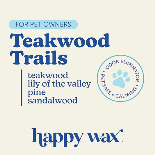Happy Wax Teakwood Trails Wax Melts for Pet Owners – Odor Eliminating, Calming, Pet-Safe, Non-Toxic, Dye-Free, Perfect for Use with Wax Warmers - 4 oz Pouch