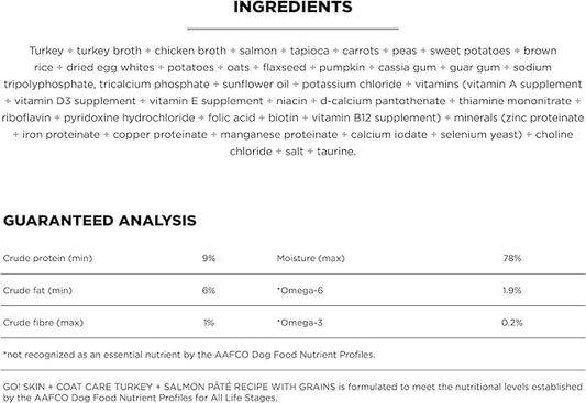 Go! Solutions Skin + Coat Care, Wet Dog Food, Turkey and Salmon Pâté with Grains Sensitive Skin, 12.5 oz