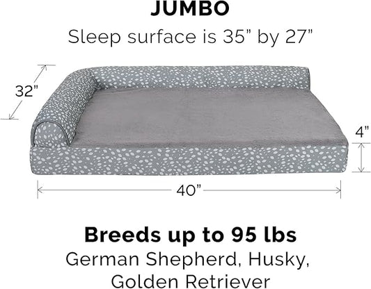 Furhaven Orthopedic Dog Bed for Large Dogs w/ Removable Bolsters & Washable Cover, For Dogs Up to 95 lbs - Plush & Almond Print L Shaped Chaise - Gray Almonds, Jumbo/XL