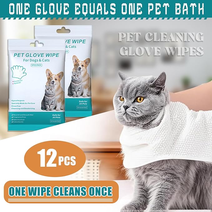 Pet Cleaning Glove Wipes 12 Count – No-Rinse for Dogs and Cats, Cleans, Grooms and Deodorizes Perfect for Daily Care Travel and Dry Bathing