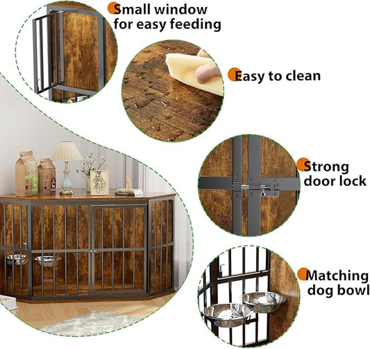 Large Dog Crate Furniture, 53” Heavy Duty Corner Dog Crate with 2 Stainless Steel Bowls, Dog Kennel Furniture Style House, Wooden Decorative Pet House End Side Table, Chew-Resistant, Rustic