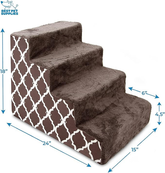 Best Pet Supplies Foam Pet Steps for Small Dogs and Cats, Portable Ramp Stairs for Couch, Sofa, and High Bed Climbing, Non-Slip Balanced Indoor Step Support, Paw Safe - Brown Lattice Print, 4-Step