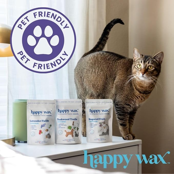 Happy Wax Pet Scents Mix Premium Scented, Non Toxic, Pet Safe, Odor Eliminating, Dye-Free Soy Wax Melts – 6 Total Oz: Lavender Fields for Dogs, Sugared Fruit for Cats and Teakwood Trails for Pets