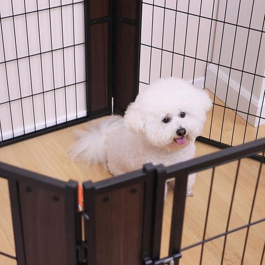 Heavy Duty Dog Playpen - 32 Inch Height - Indoor/Outdoor Pet Fence - Foldable Exercise Pen for Medium & Small Dogs - Black Walnut